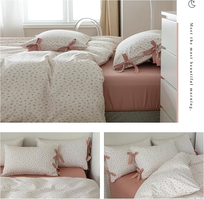 Cotton Floral Duvet Cover Full Size Pink Rose Flower Comforter Cover Chic Floral Stripes Bedding Set Girls Women Cottagecore Duvet Cover with 2 Bowknot Pillowcases Vintage Flower Bedding Set Full