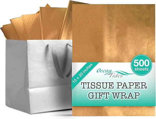 Ocean Tides 500 Sheets (14 x 20 Inches) Christmas Wrapping Paper – Gift Wrapping Tissue Paper Bulk for Crafts, Birthdays, & Holidays – Colored Tissue Papers for Gift Bags & Decorations, Gold