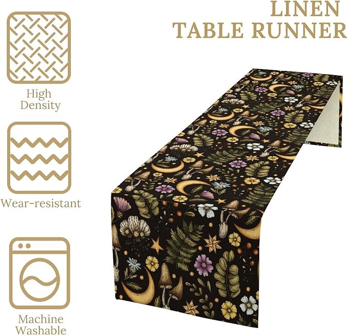 Vintage Mushroom Table Runner, Rustic Botanical Flowers Fern Moon Star Print Table Runner for Home Kitchen Dining Table Decoration Indoor Outdoor Party, 13x120inch
