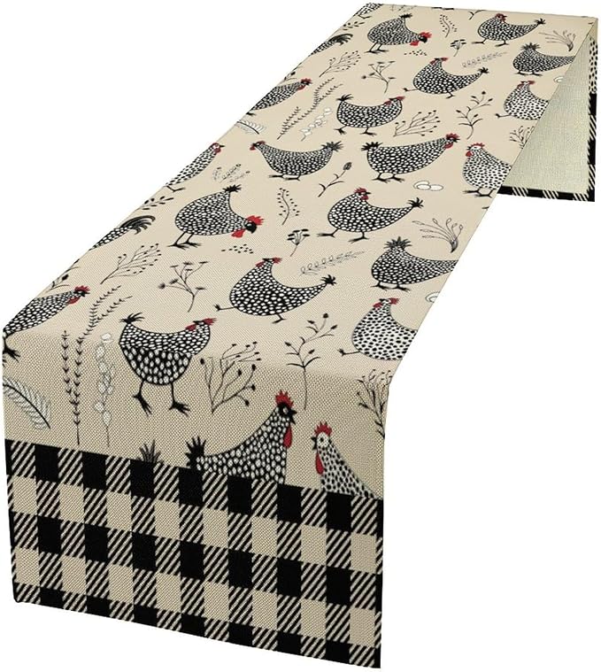 Farmhouse Rooster Table Runner Vintage Farm Funny Chicken Flower Dinner Runner for Country Farmhouse Home Kitchen Dinner Table Holiday Party Decoration 13x70in
