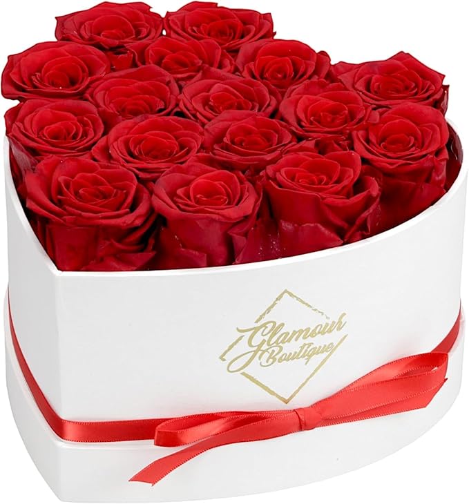 GLAMOUR BOUTIQUE Preserved Roses in a Box - Gifts for Her, Wife & Mom, Rose Flowers Forever Decor for Birthday Gift, Get Well Flower Bouquet Cased in White Box with Cover - Red - 16-Piece