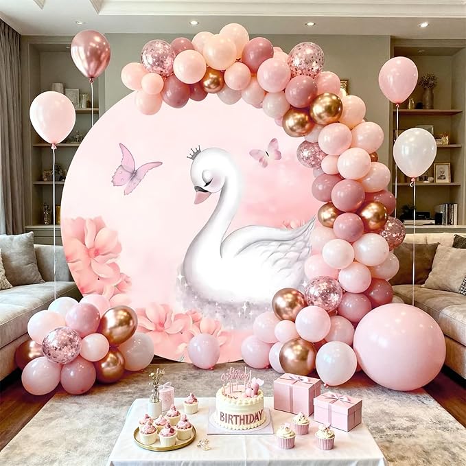 AOFOTO Swan Round Backdrop Pink Floral Butterfly Print Photography Background for Baby Shower Women Newborn Girls Birthday Party Banner Home Wall Decor Photo Studio Booth Props 4x4ft