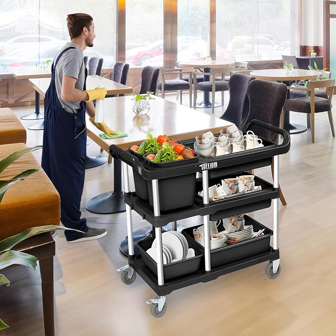 TUFFIOM 3-Tier Plastic Service Storage Utility Cart with Wheels, Heavy Duty Multi-Function Mobile Shelving Unit Organizer, Ideal for Restaurant, Foodservice, Office, Warehouse, Black