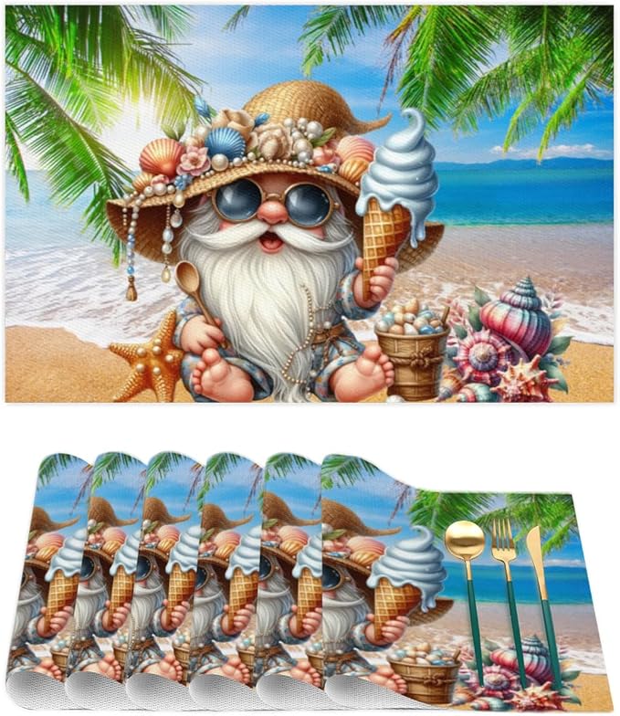 PVC Placemats Set of 4 Summer Gnomes Cute Wipeable Table Mats Washable Heat Resistant Non Slip Vinyl Dining Table Mat for Kithen Indoor Outdoor Patio Farmhouse Place Mats Decorative