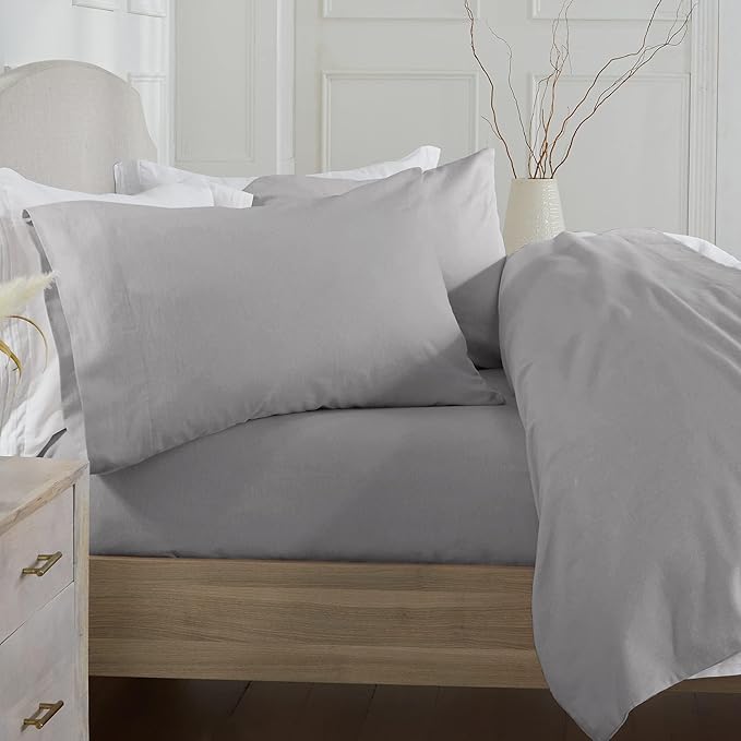 Market & Place 100% Turkish Cotton Flannel Sheet Set | 4 Piece Deep Pocket Solid Cozy Winter Bed Sheets | Double Brushed for Extra Softness & Comfort | Chalet Collection (King, Dark Grey)