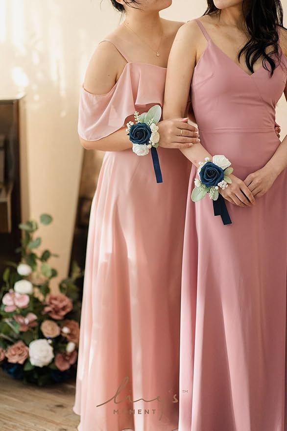 Ling's moment 6pcs Wedding Wrist Corsage Artificial Flowers, Girl/Mother Homecoming Prom Corsages Wristlet Décor, etc. Navy Blue Dark Navy