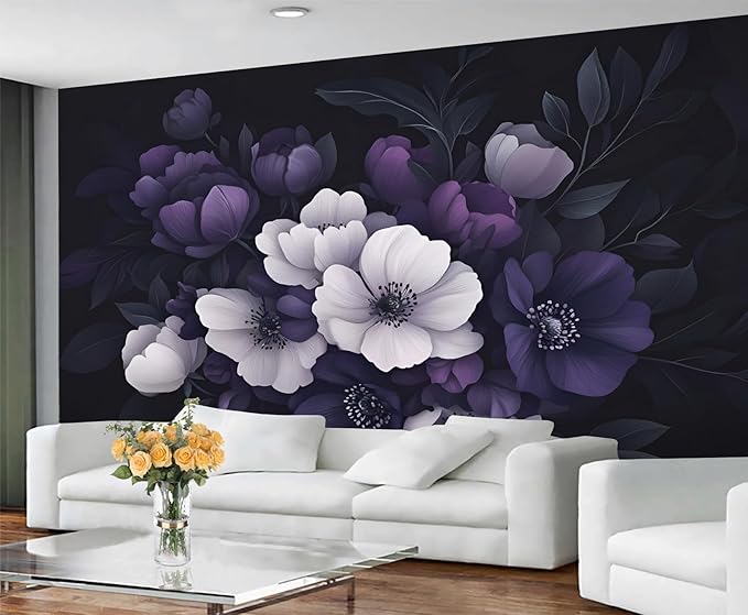 Dark Peony Floral Wall Mural, Purple and Black Flower 3D Wall Murals, Luxury Botanical Wallpaper Mural, for Living Room Bedroom Large Wallpaper Indoor Decor 118" W x 82.6 "H