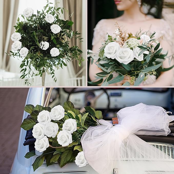 Artificial Flowers 50PCS White Roses Real Looking Foam Fake Roses with Leaves and for DIY Wedding Bouquets Bridal Shower Centerpieces Party Decorations (White)