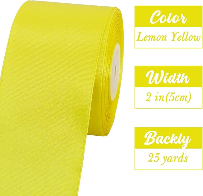 TONIFUL 2 In x 25 Yds Wide Light Yellow Satin Ribbon Solid Fabric Ribbons Roll for Crafts Chair Sash Valentine's Day Gift Wrapping Invitation Cards Floral Hair Bows Sewing Party Wedding Car Decoration