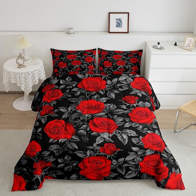 Castle Fairy Kids Red Flowers Comforter Set Queen Size,Rose and Grey Leaves Print Bedding Gift for Children Adult Xmas Present,Gothic Floral Plant Theme Polyester Quilt Set with 2 Pillowcases