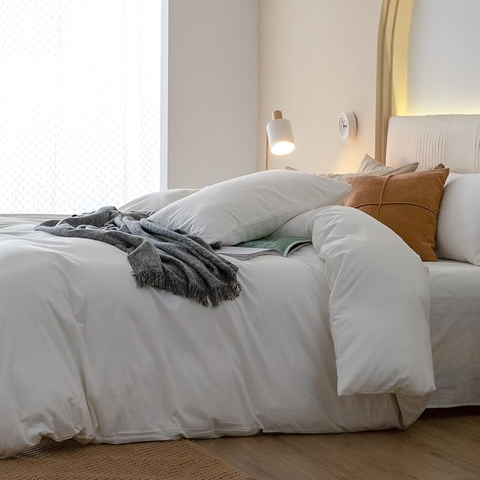 JIYUAN 100% Washed Cotton Duvet Cover Set 3 Pieces Full, 1 Duvet Cover 80x90 Inches(Comforter Not Included) and 2 Pillowcases,Linen Feel Bedding Set Comfy and Breathable,Off White