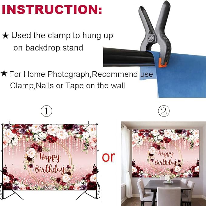 Sensfun Floral Happy Birthday Backdrop Burgundy Flowers Rose Gold Glitter Bokeh Spots Photo Background Vinyl Women Birthday Party Cake Table Decorations Photoshoot Banner (8x6ft)