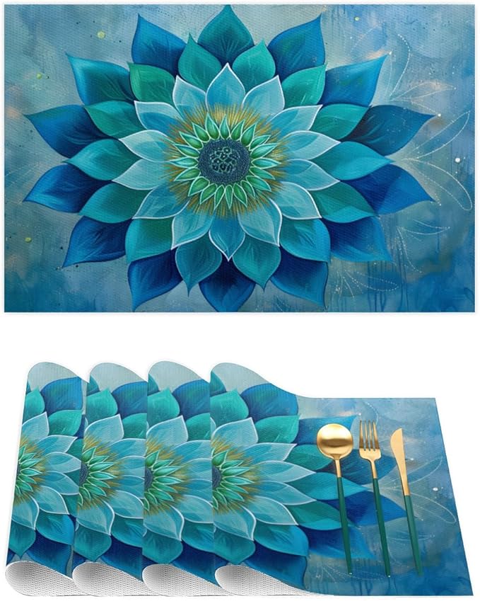 Teal Flower Mandala Placemats Set of 1 PVC Vinyl Non Slip Table Mats Waterproof Heat Resistant Place Mats Washable Wipeable Dining Table Mat for Kitchen Party Indoor Outdoor Decorative