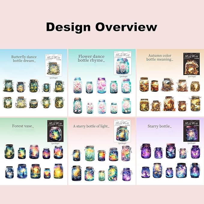 120 Pcs Bottle World PET Stickers, 60 Jar-Themed Designs with Butterflies, Flowers, Starry Sky and Forest Lights, Waterproof Decorative Stickers for Journaling, Scrapbooking and DIY Crafts