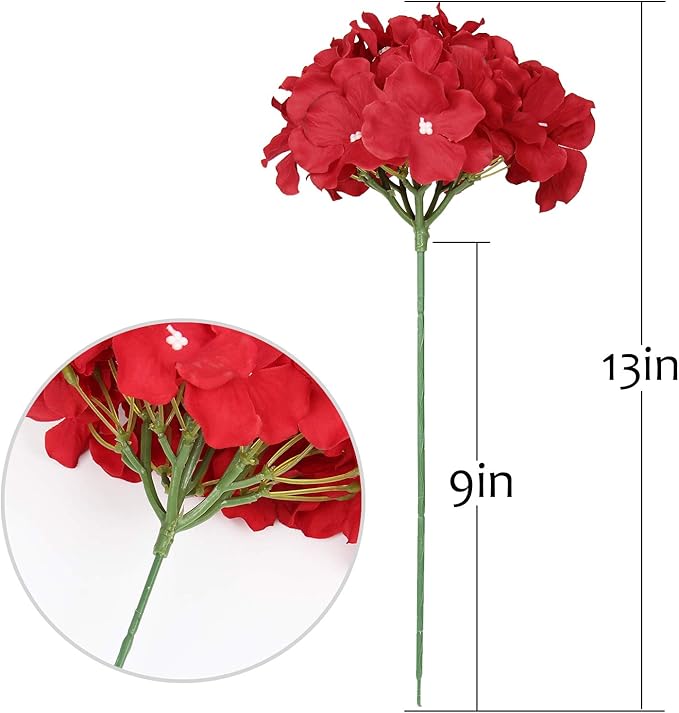Flojery Silk Hydrangea Heads Artificial Flowers Heads with Stems for Home Wedding Decor,Pack of 10 (Red)