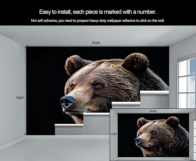 Brown Bear Wall Mural, Bear 3D Wall Murals, Wild Animal Wallpaper Mural, for Living Room Bedroom Large Wallpaper Indoor Decor 78.7" W x55.1 H