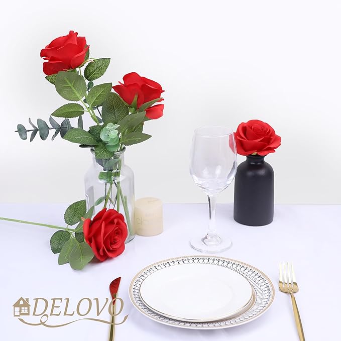 52pcs Red Roses Artificial Flowers Red Fake Flowers Silk Roses with Stems for DIY Wedding Bouquets Bridal Shower Centerpieces Arrangements Party Decorations