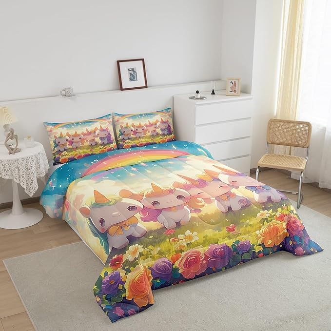 Unicorn Comforter Set King Size,Reversible Cute Unicorn Rainbow Cartoon Horse Animal Bedding Set All Season Quilt Set,Kawaii Style Flowers Galaxy Cloud Microfiber Polyester Down Comforter