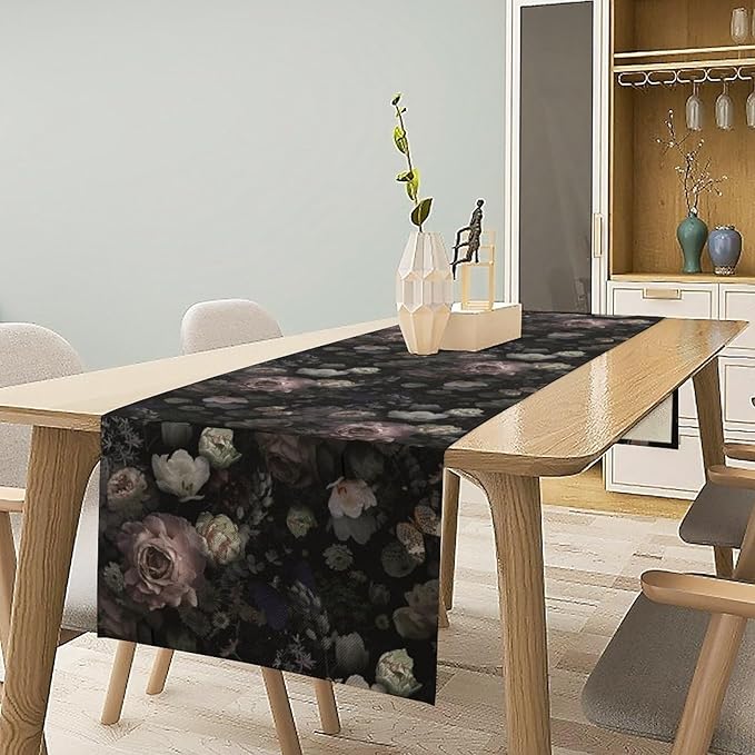Vintage Floral Table Runner, Black Pink Flower Rose Gothic Garden with Beautiful Blooming Roses Print Table Runner for Home Kitchen Dinning Table Indoor Outdoor Holiday, 13x108inch