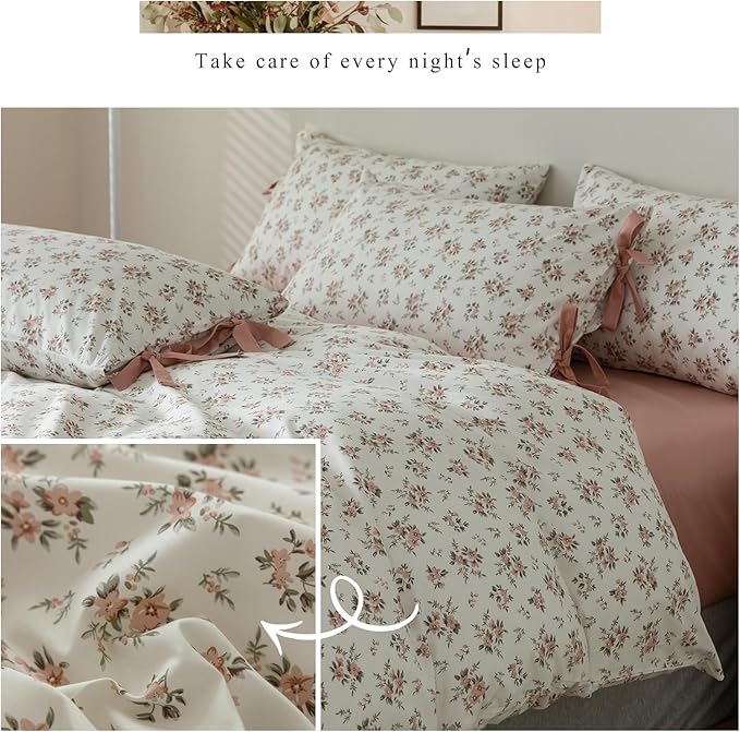 Vintage Garden Floral White Comforter Set Full Pink Flower Green Leaves Bedding Comforter Fluffy Pink Floral Cottagecore Bedding Set with 2 Bow Ties Pillowcases Botanical Comforter Set for All Season