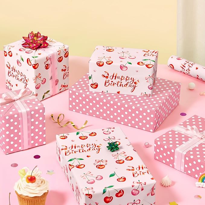 WERNNSAl Cherry Bow Wrapping Paper Roll- 1 Roll 17” x 33 ft Cherry Bow Tie Ribbon Gift Wrapping Paper for Girls Women Birthday Pink Birthday Wrap Paper with Polka Dot Design for Party Supplies