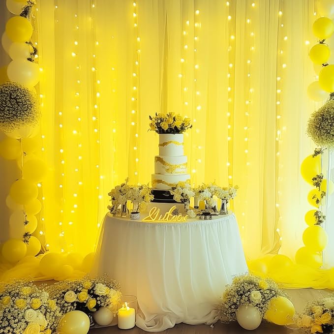 20ft x 10ft Yellow Backdrop Curtain with Lights String for Parties, Sheer Tulle Wedding Photo Backdrops Drapes for Baby Shower Birthday Party Decorations Background for Photography