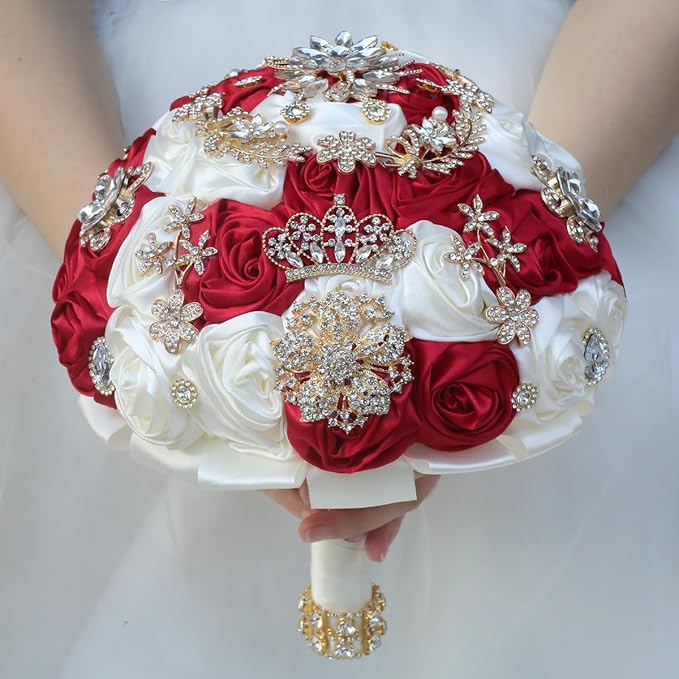 Handmade Satin Rose Floral Bling Pearl Decor Bridal Wedding Bouquet Rhinestone Pendant Artificial Brooch Flowers for Bride Bridesmaid Quinceanera