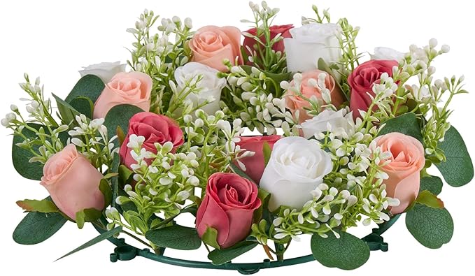VEVOR Artificial Rose Wreath, 14-Inch Diameter Faux Flower Wreath with Pink and White Roses, Flower Arrangement Centerpiece for Valentine's, Mother's Day, Party, Wedding and Home Table Décor, 10 PCS