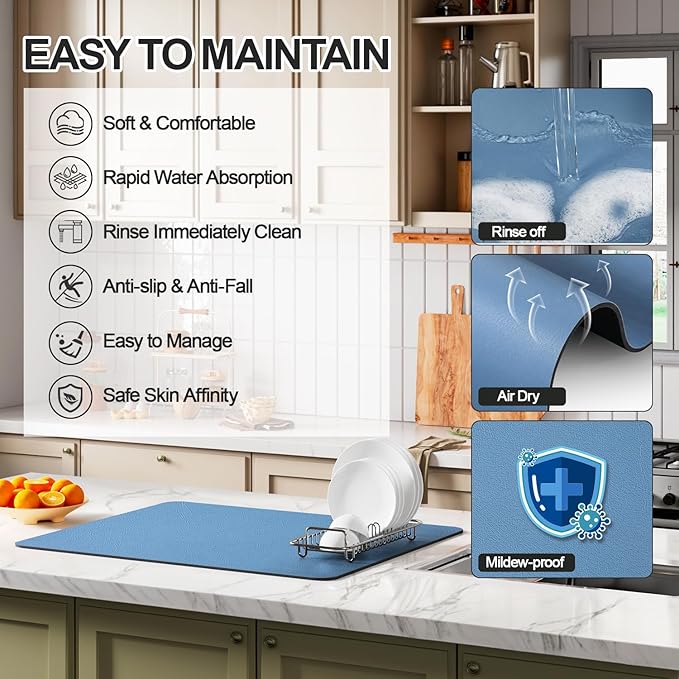 Dish Drying Mat for Kitchen Counter | Coffee Bar Mat for Countertops | Heat Resistant Drainer Mat with Non-slip Rubber Backed | Hide Stain Kitchen Absorbent Draining Mat | Blue 18"x24"