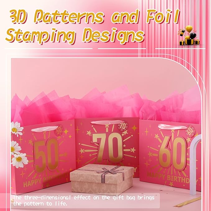 Bloomwords 18th Birthday Gift Bag Set with Card & Tissue – 13" Elegant Keepsake Party Bags for Unisex Anniversaries, Gift Wrapping & Celebrations(Pink)