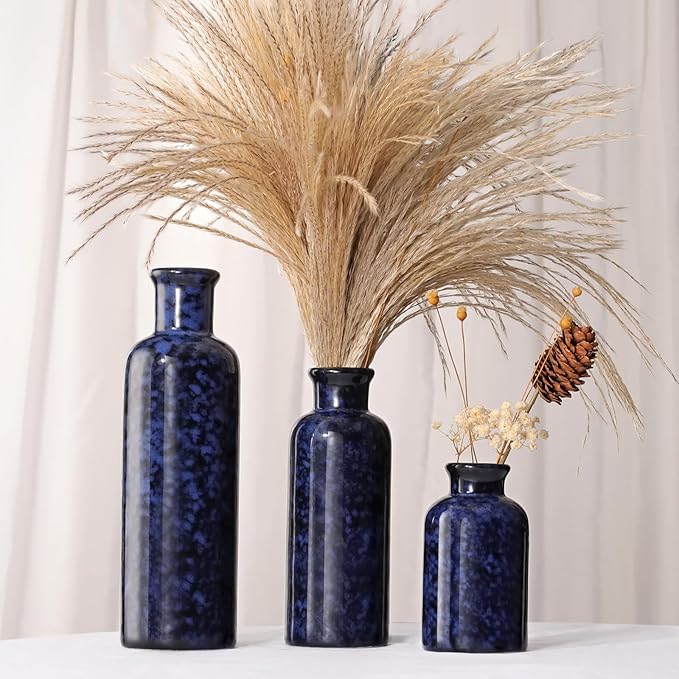 Small Blue Ceramic Vase Set of 3, Boho Modern Flower Vase Room Decor, Farmhouse Decor, Vases for Your Kitchen, Bathroom, Bedroom, Living Room, Office&Shelf Centerpiece Table Decorations