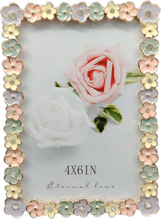 Vintage 4X6 Floral Metal Picture Frame with Enamel Finis Glass Front - Ornate Antique Colorful Flowers Photo FrameTabletop/Wall Display Gifts for Women Wedding Decorate