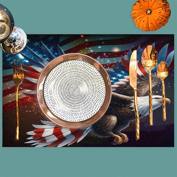 Independence Day Bald Eagles Flag Placemats Set of 6 PVC Vinyl Non Slip Table Mats Waterproof Heat Resistant Place Mats Washable Wipeable Dining Table Mat for Kitchen Party Indoor Outdoor Decorative
