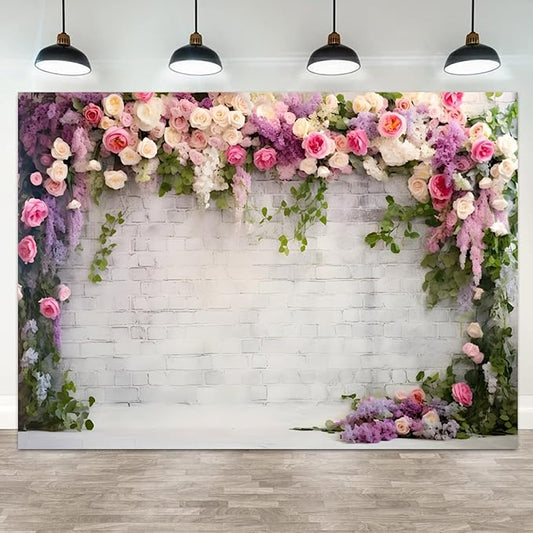 10x8ft Retro White Brick Wall Floral Backdrop Vine Leaves Rose Flowers Photography Background Bridal Shower Wedding Party Birthday Banner Decorations Adults Portrait Photo Booth Prop