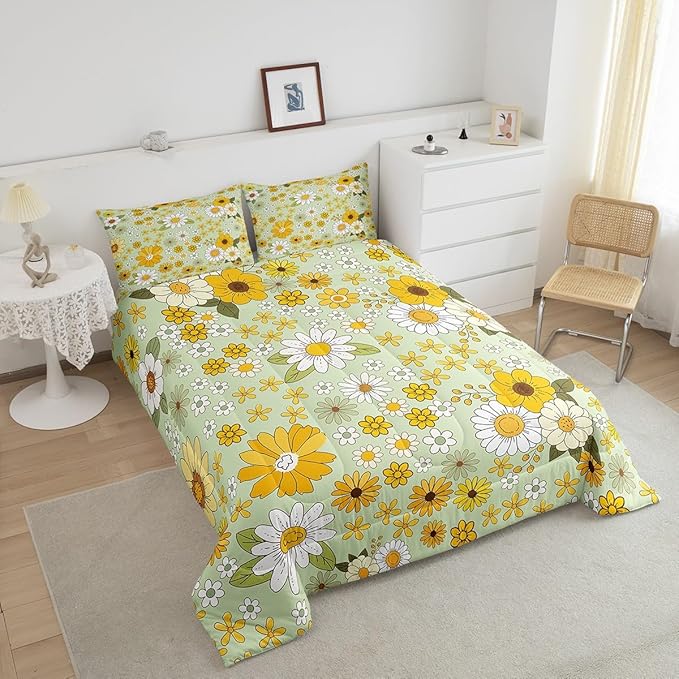 Vintage Floral Comforter Set Twin Size,Boho Spring Fresh Flowers Bedding Comforters Bedroom Decor,Trippy Hippie Groovy Botanical Microfiber Duvet Set for Kids Teens,2 Pcs