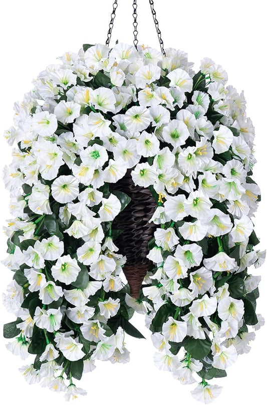 Artificial Fake Flowers Plants Hanging Baskets for Outdoor Outside Winter Christmas Decor, Faux Silk Hanging White Morning Glory Trailing Vines UV Resistant for Porch Patio Home Decoration