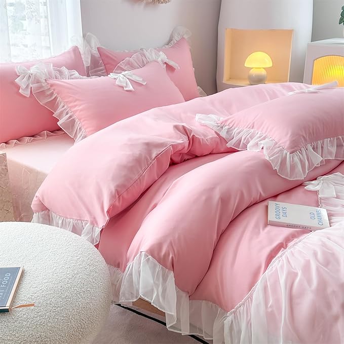 Girls Lace Bedding,Twin Comforter Cover Set, Chic Ruffled Duvet Cover with Lovely Bow,Princess Style 1 Duvet Cover with 1 Pillowcases, No Comforter-Bright Pink,Twin Size