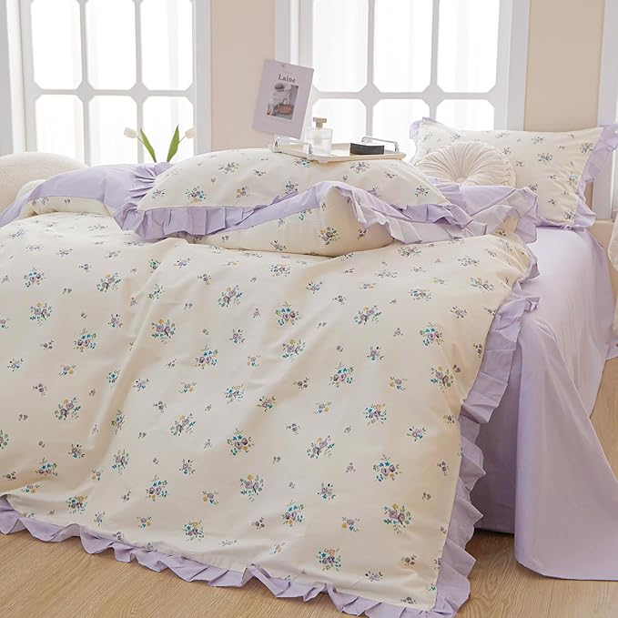 VM VOUGEMARKET Girl's Floral Comforter Set Full Princess Style Ruffle Bedding Comforter Sets,Vintage Farmhouse Purple Flower Comforter with 2 Pillowcases for All Seasons(3pcs,Full)