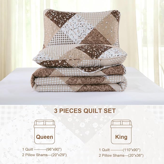 Dinjoy Floral Plaid Patchwork Quilt Set King Size, Reversible Brown Bedding Set Soft Microfiber Lightweight Bedspread Coverlet 3 Piece Fall Autumn Summer Use (110x90 inches)