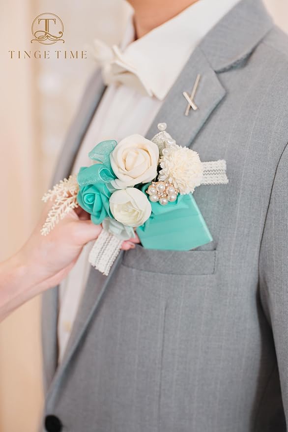 TINGE TIME Boutonniere for Men Wedding,Groom and Best Man Boutonniere for Wedding, Prom, Homecoming, Anniversary, Graduation, Christmas Dinner (1, Teal Blue & Champange)