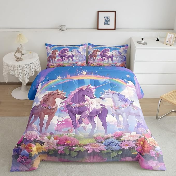 Castle Fairy Dreamy Unicorn Comforter Set Twin Size,Rainbow Blue Sky Colorful Flowers Reversible Bedding Set for Kids Boys Men,Cartoon Animal Floral Galaxy Quilted Duvet Set with 1 Pillowcase