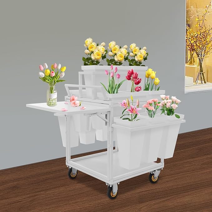 6-Tier Flower Display Stand Indoor Movable Flower Stand with 18 Buckets Plants Display Rack Cart with Wheels Metal Florist Bouquet Stand for Florist Patio Garden,23.62*23.62*36.61in (White)