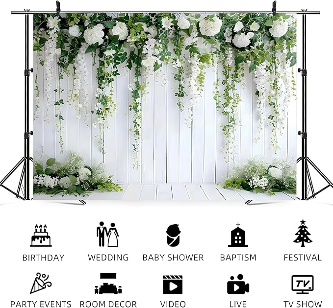 10x8ft White Flower Backdrop Green Leaves Wedding Bridal Shower Photography Background Floral Rustic Wood Wall Birthday Party Banner Decorations Reception Ceremony Portrait Photo Booth Prop