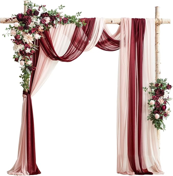 Ling's moment Deluxe Wedding Arch Flowers with Drapes Kit-Pack of 5, 2pcs Flower Arrangements 3pcs Hanging Sheer Drapes Pink Ceremony Arbor Red Backdrop Artificial Rose Floral Decorations