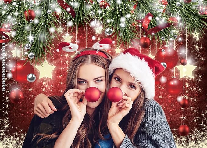 SJOLOON Christmas Backdrops Red Ball Theme Background Shining Stars Background New Year Backdrop for Christmas Party Decoration Banner Photo Shoot 12364 (8x6FT)