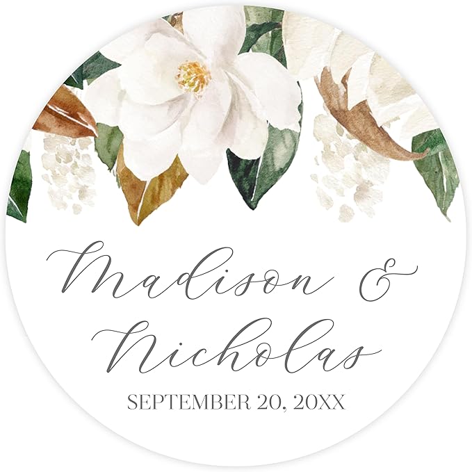 Personalized Floral Wedding Stickers with Your Choice of 30 Flower Styles - Choose Font and One of Five Pre-made Phrases or Add Custom Text (009 - Magnolia)