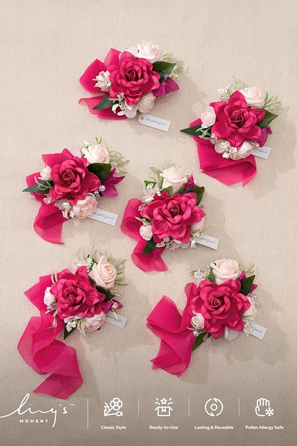 Ling's moment 6pcs Wedding Wrist Corsage Artificial Flowers, Girl/Mother Homecoming Prom Corsages Wristlet Décor, etc. Hot Pink Magenta