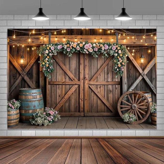 6x6ft Country Wedding Photography Backdrop Rustic Barn Door Photography Backdrop Farmhouse Pink Flower Cabin Wooden Birthday Baby Shower Wedding Bridal Party Banner Photo Booth Props Background