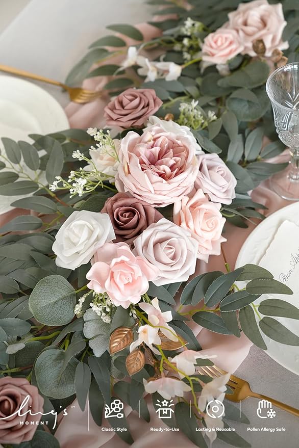 Ling's moment Flower Garland - 6FT Eucalyptus & Rose - Pink Sweetheart Table Decor for Wedding Reception, Artificial Floral Garland for Mantle, Thanksgiving, Christmas Decoration, Dusty Rose