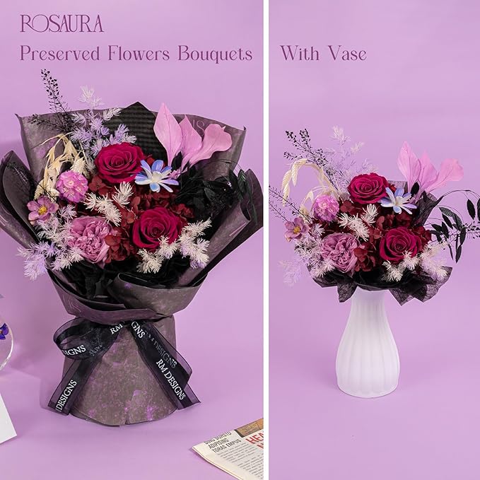 Rosaura Preserved Flowers Bouquets, Natural Real Roses for Delivery Prime, Forever Rose Bouquets Valentine's Day, Mother's Day, Christmas, Birthday Gifts-Dark Purple (with vase)